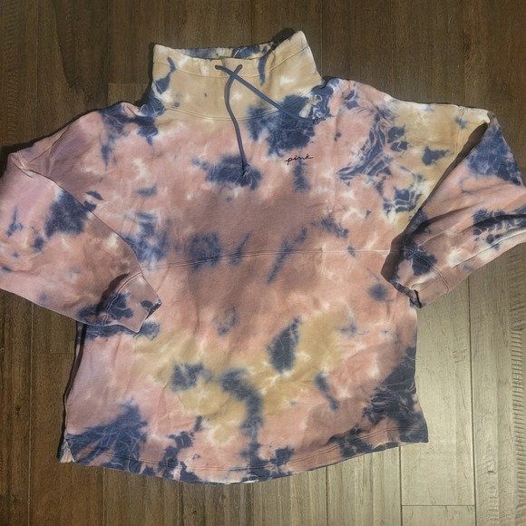 Victorias Secret Pink Varsity Cowl Sweater XLarge Ensign Blue Pink Beige Tie Dye - Picture 2 of 3